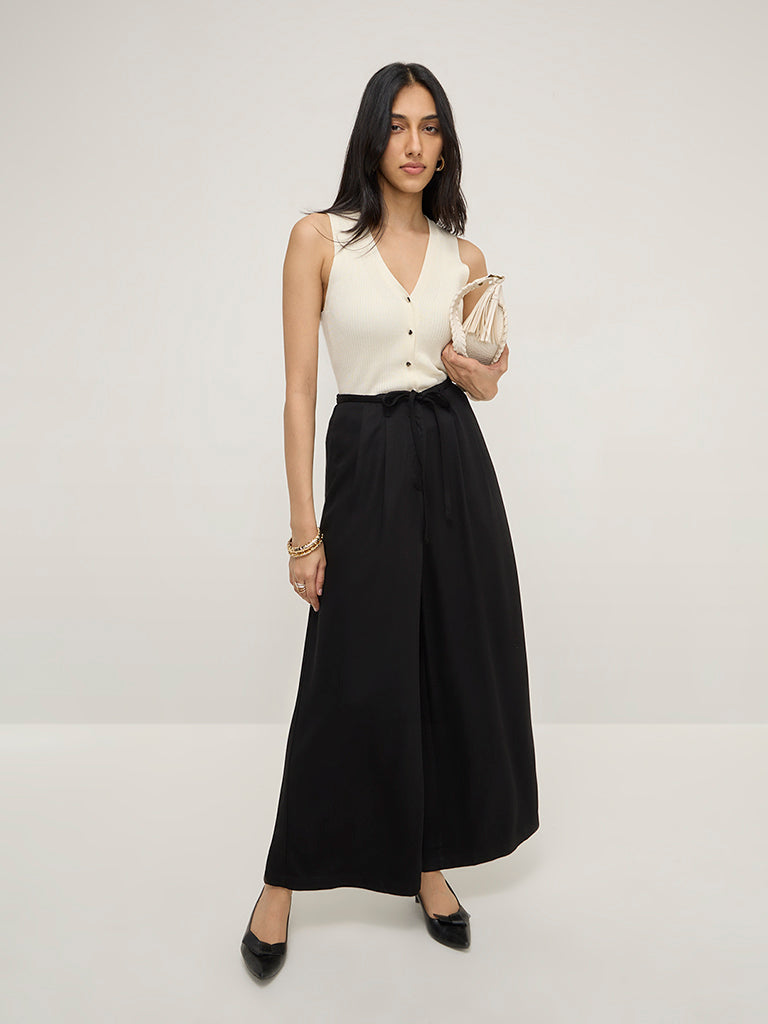 LOV Black Wide-Leg High-Rise Trousers