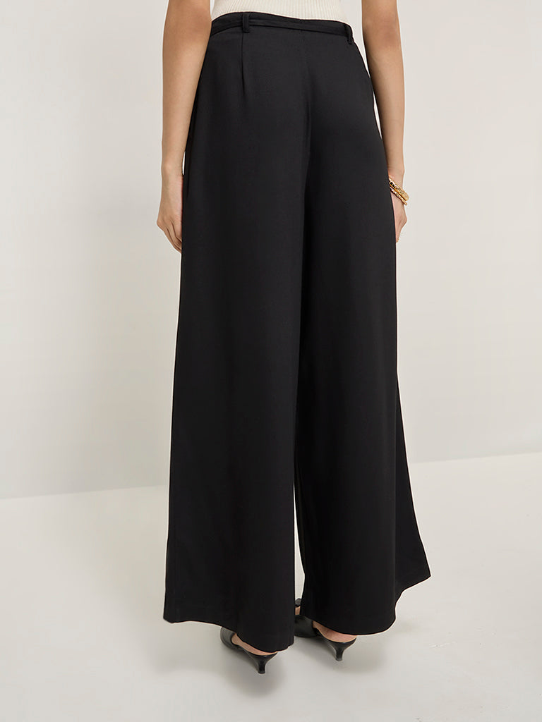 LOV Black Wide-Leg High-Rise Trousers