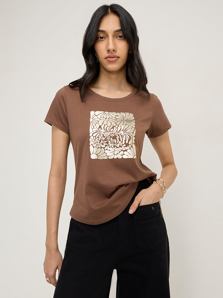 LOV Brown Floral Design Cotton T-Shirt