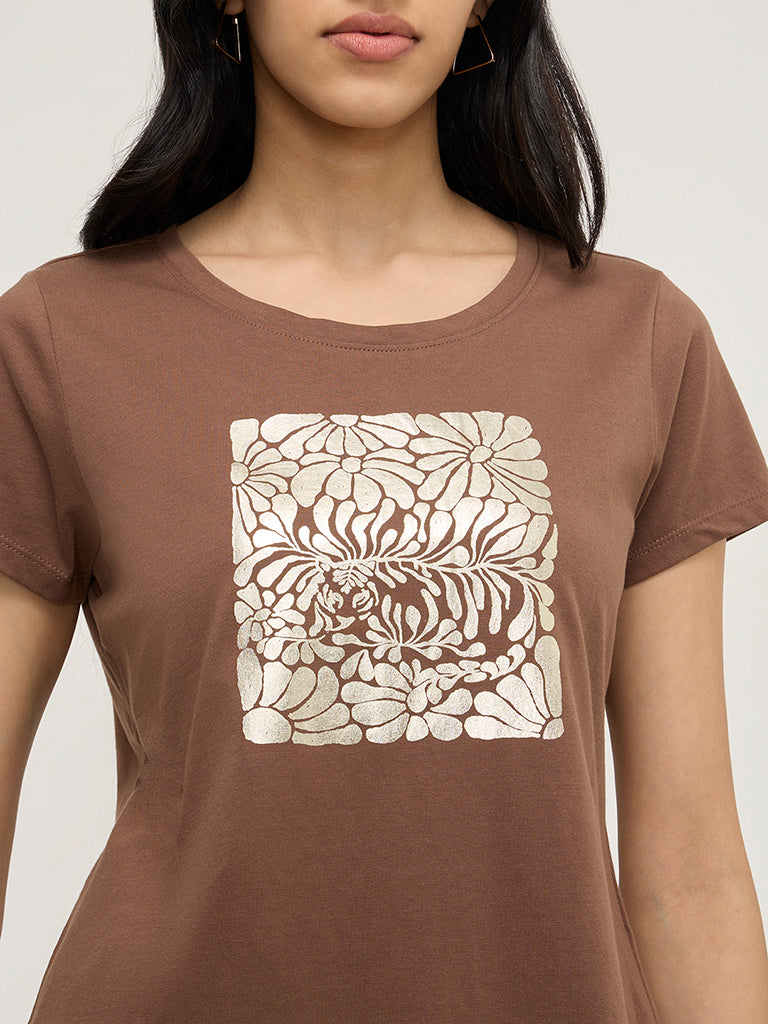 LOV Brown Floral Design Cotton T-Shirt