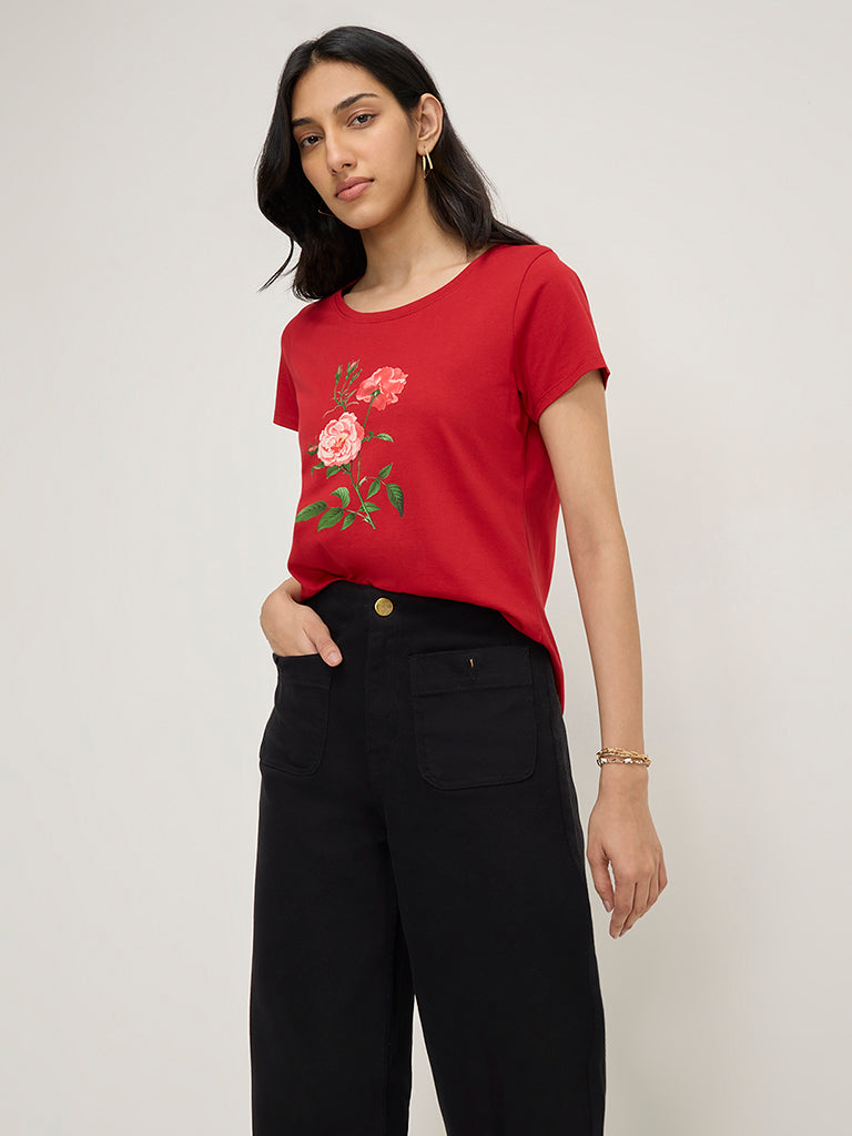 LOV Red Floral Pattern Cotton T-Shirt