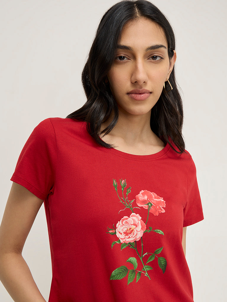 LOV Red Floral Pattern Cotton T-Shirt