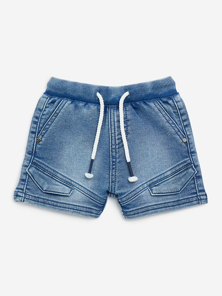 HOP Baby Blue Faded Mid-Rise Denim Shorts