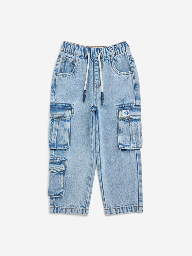 HOP Kids Light Blue Cargo-Style Relaxed - Fit Mid - Rise Jeans