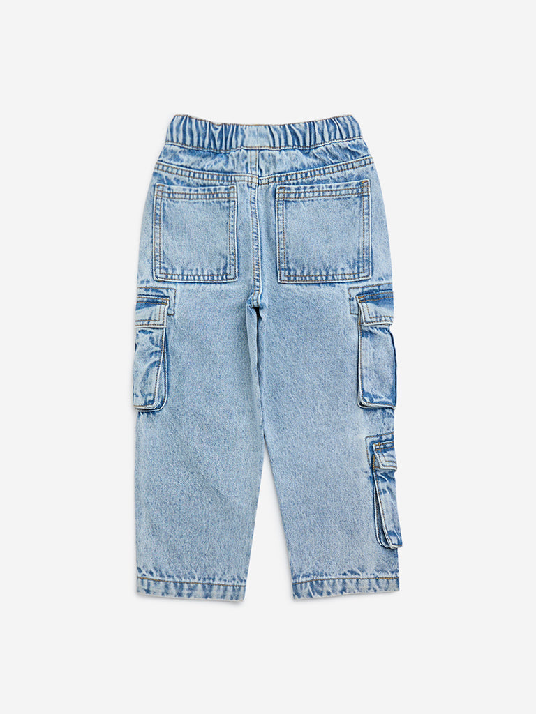 HOP Kids Light Blue Cargo-Style Relaxed - Fit Mid - Rise Jeans