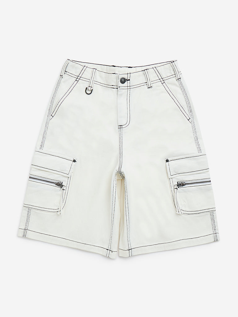 Y&F Kids Off-White Cargo-Style Mid-Rise Denim Shorts