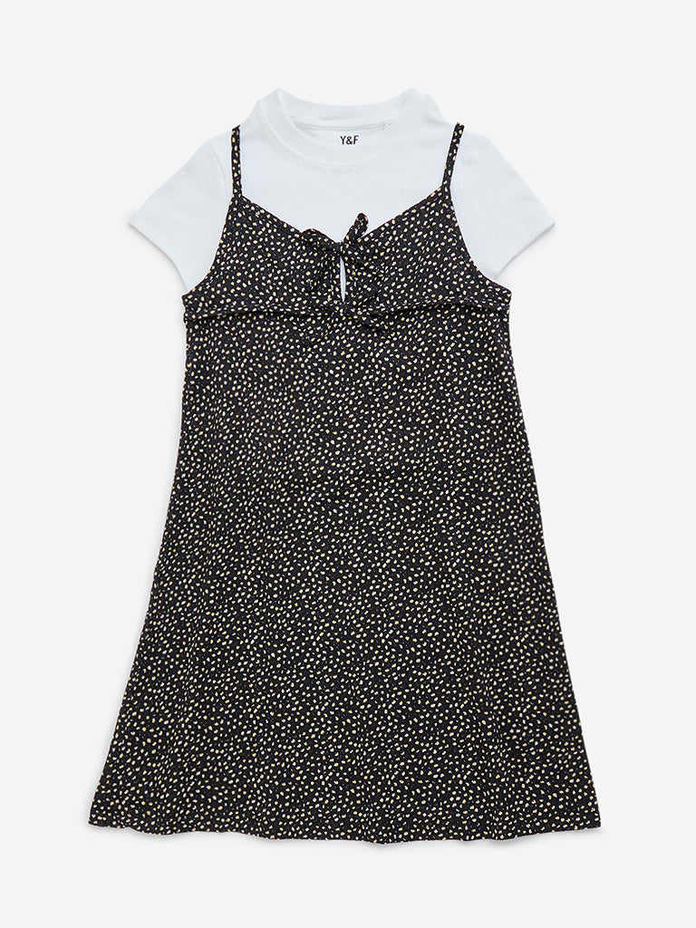 Y&F Kids Black Printed Cotton Dress with T-Shirt Set