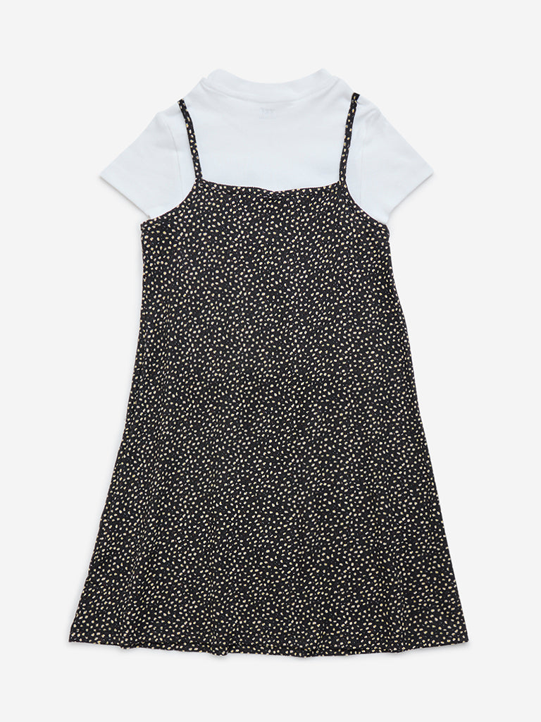 Y&F Kids Black Printed Cotton Dress with T-Shirt Set