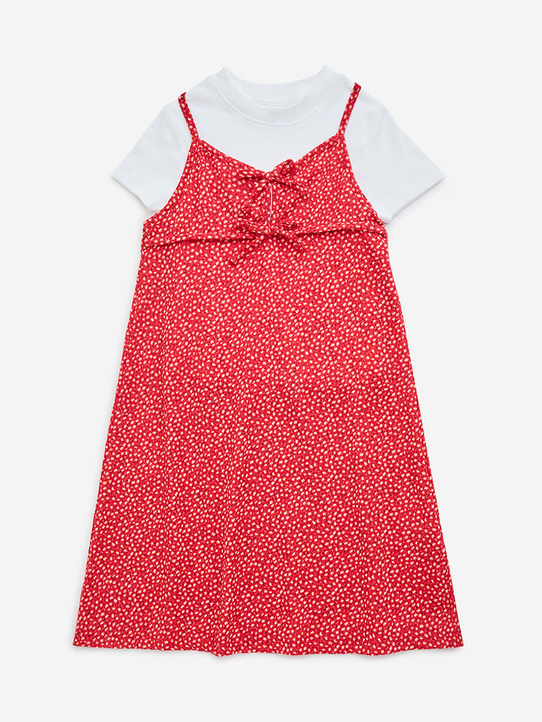 Y&F Kids Red Printed Dress with T-Shirt Set