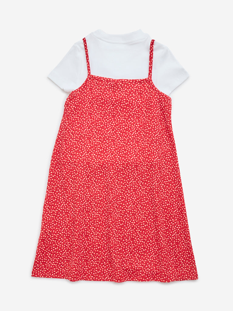 Y&F Kids Red Printed Dress with T-Shirt Set