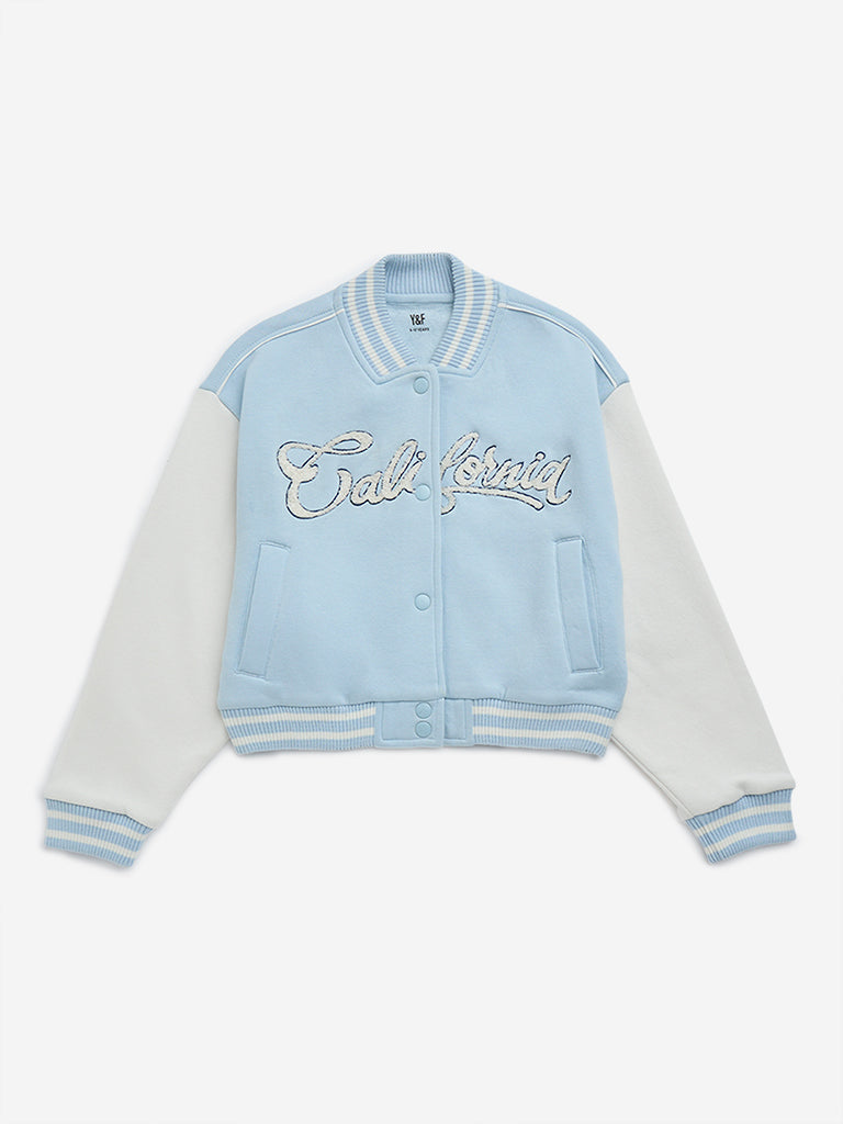 Y&F Kids Light Blue Text Embroidery Varsity Jacket