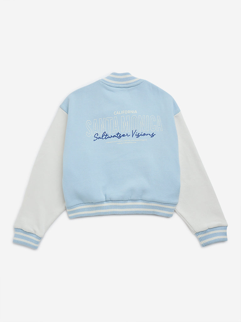 Y&F Kids Light Blue Text Embroidery Varsity Jacket