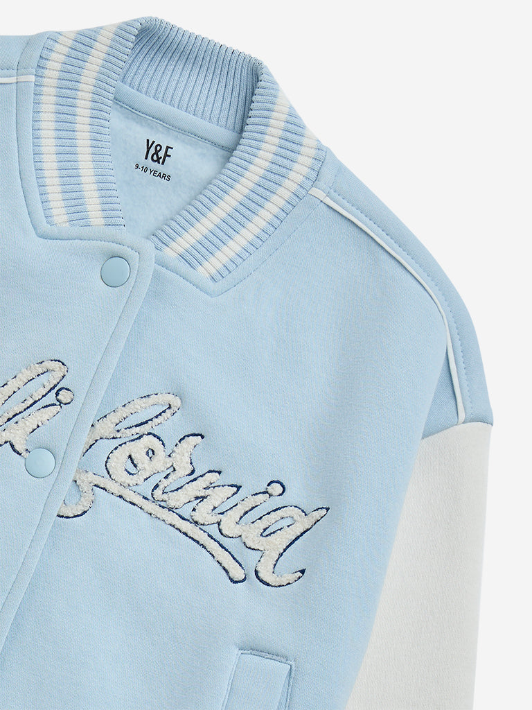 Y&F Kids Light Blue Text Embroidery Varsity Jacket