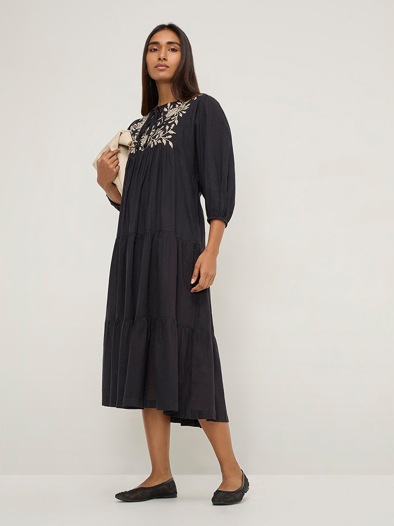 Utsa Black Floral Embroidered Tiered Cotton Dress