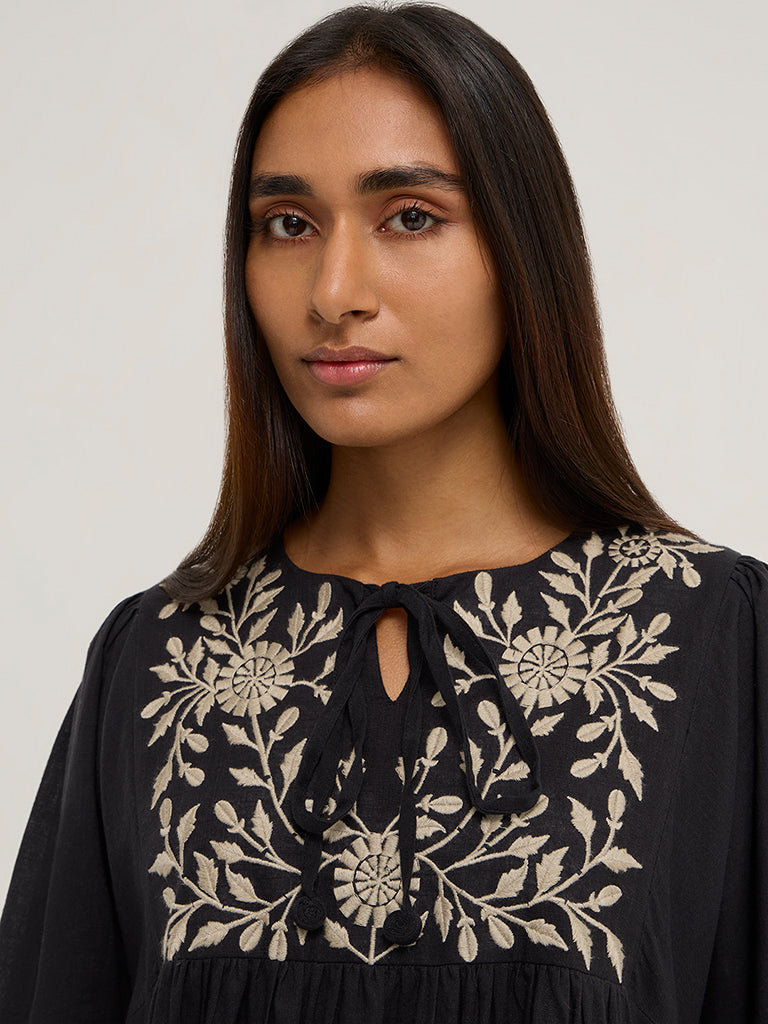 Utsa Black Floral Embroidered Tiered Cotton Dress