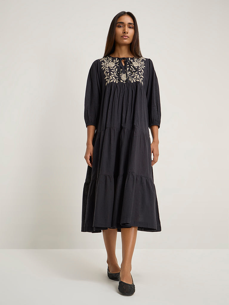 Utsa Black Floral Embroidered Tiered Cotton Dress