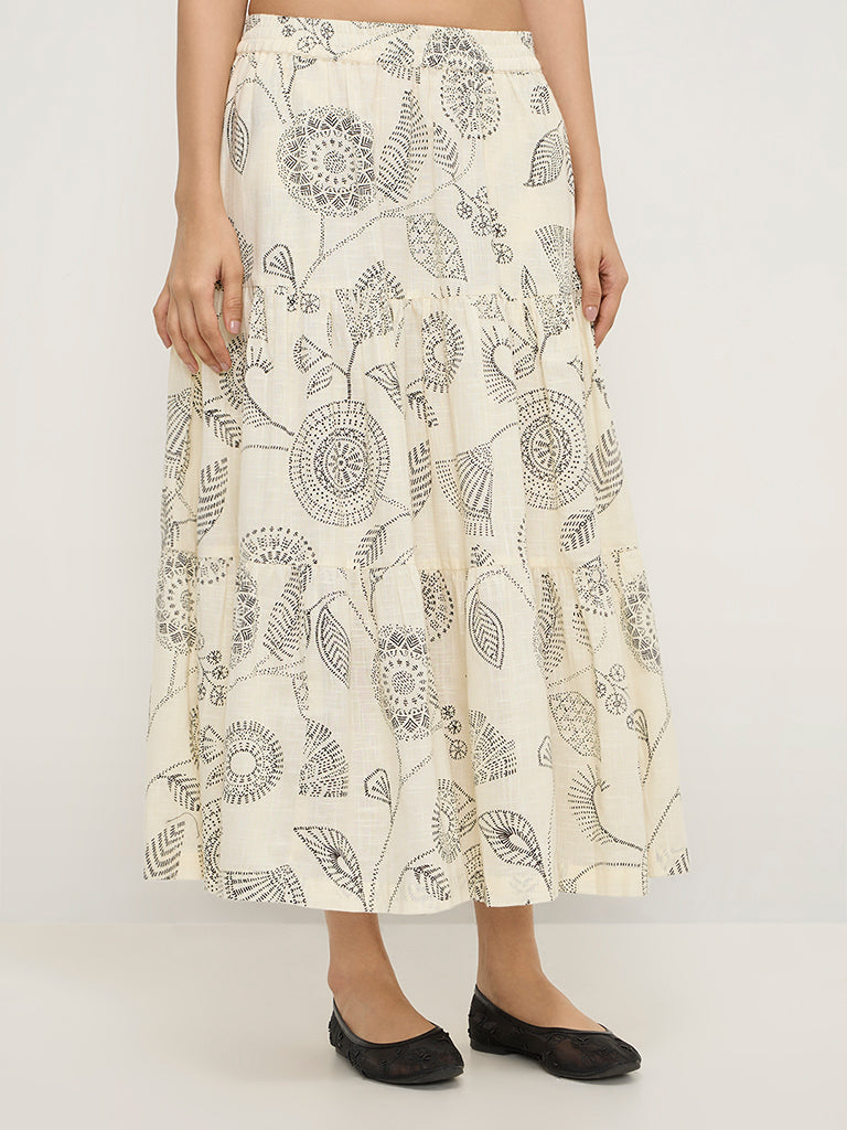 Utsa Off-White Botanical Printed Tiered Skirt