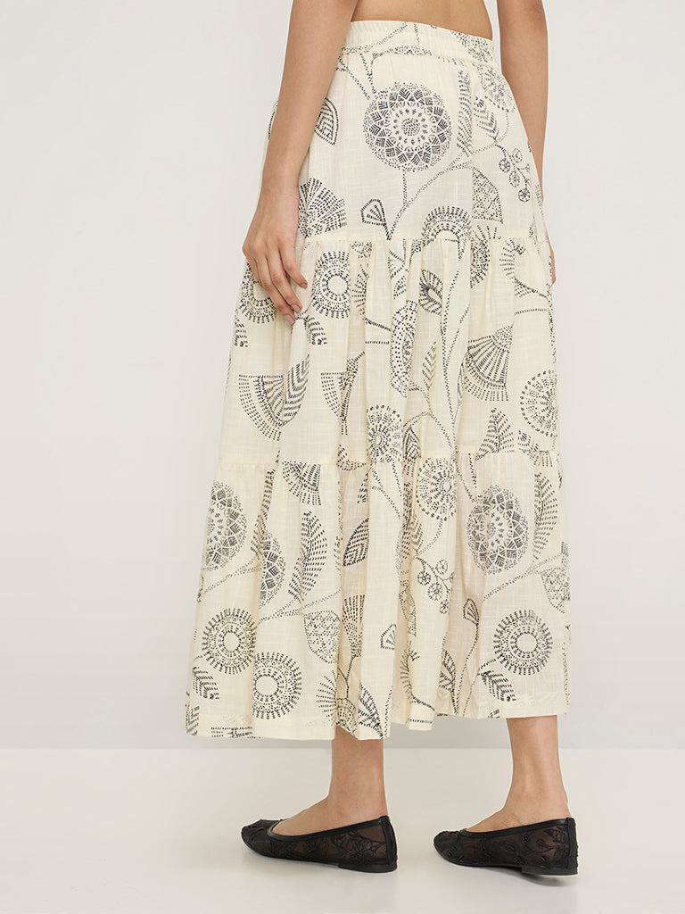 Utsa Off-White Botanical Printed Tiered Skirt