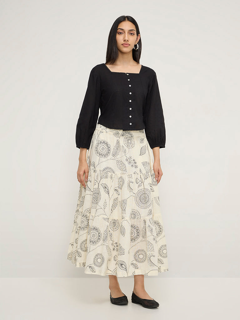 Utsa Off-White Botanical Printed Tiered Skirt