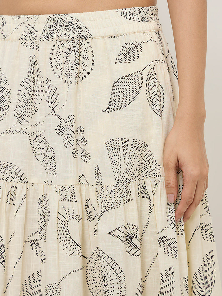 Utsa Off-White Botanical Printed Tiered Skirt