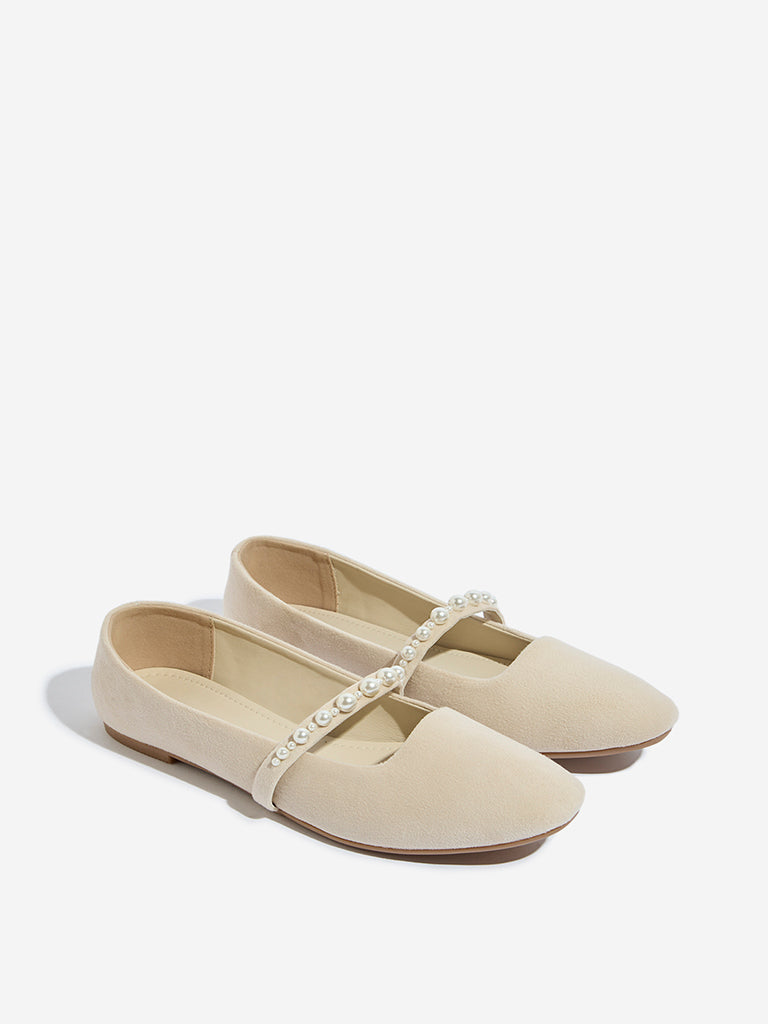 LUNA BLU Beige Faux-Suede Pearlescent Mary Jane Shoes