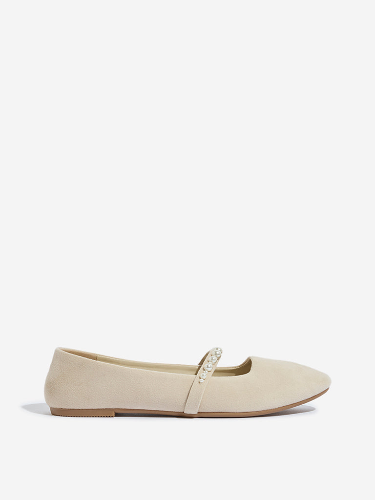 LUNA BLU Beige Faux-Suede Pearlescent Mary Jane Shoes