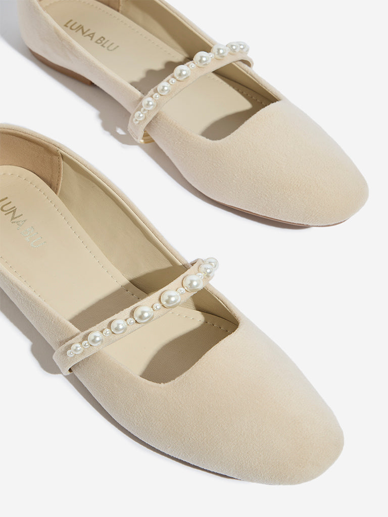 LUNA BLU Beige Faux-Suede Pearlescent Mary Jane Shoes