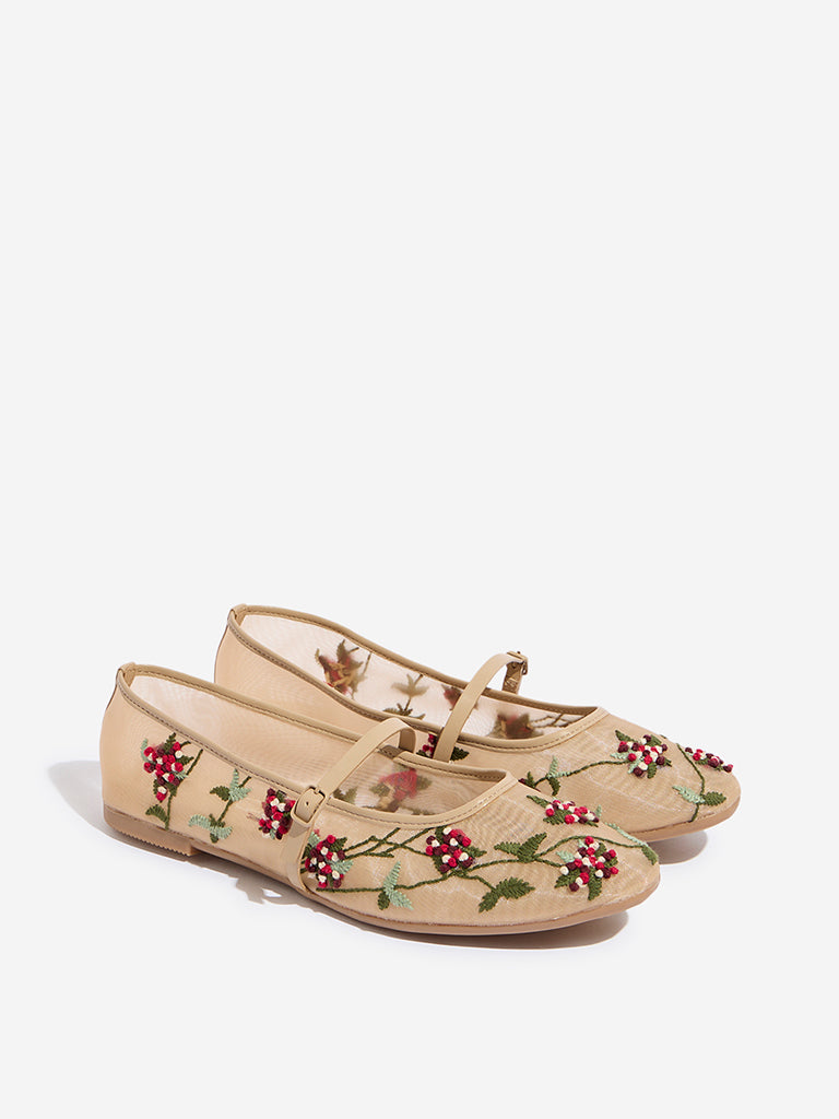 LUNA BLU Beige Floral Embroidered Mary Jane Shoes