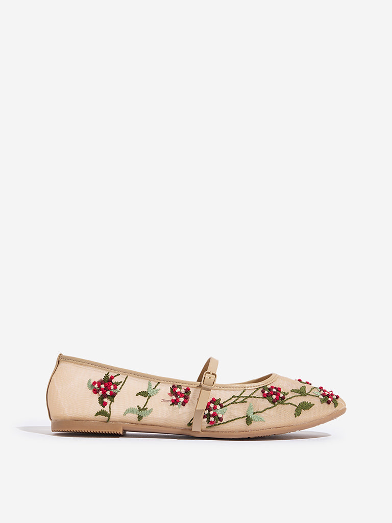 LUNA BLU Beige Floral Embroidered Mary Jane Shoes