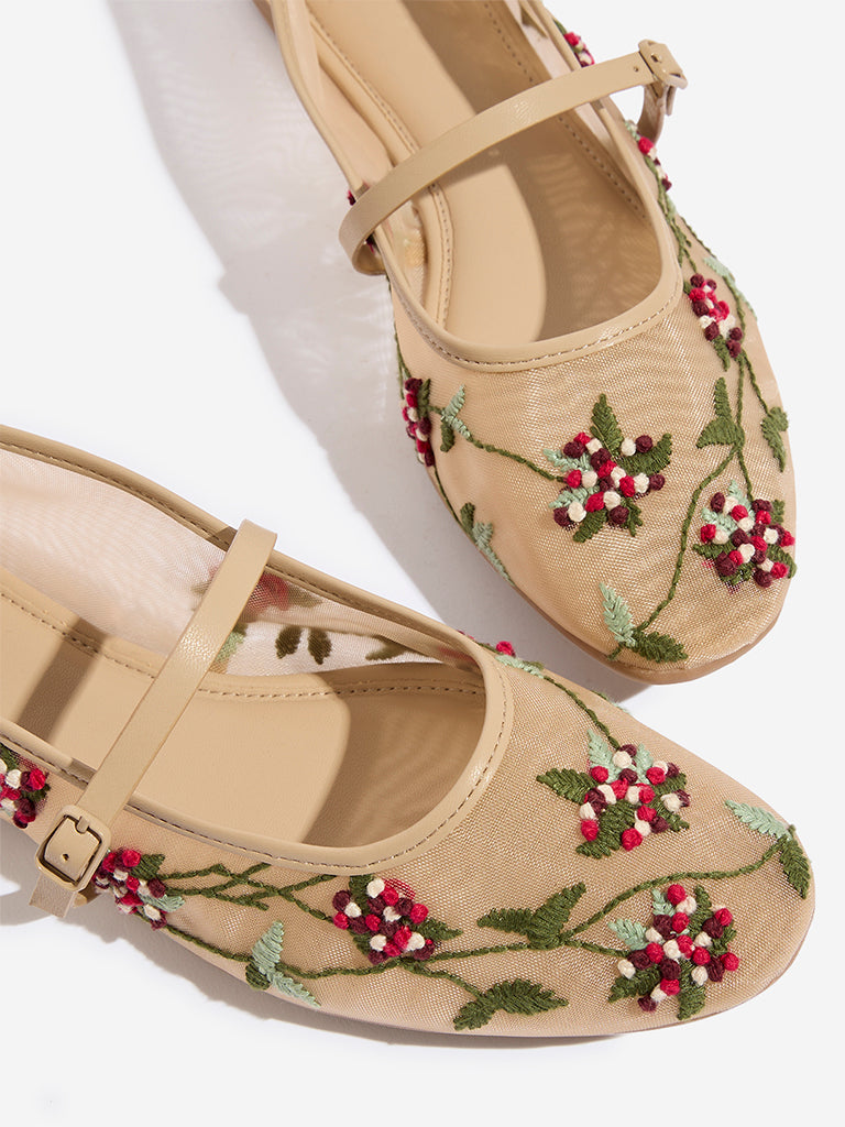 LUNA BLU Beige Floral Embroidered Mary Jane Shoes