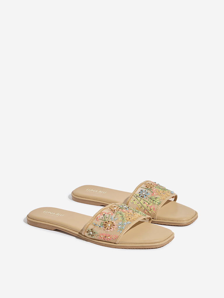 LUNA BLU Beige Floral Embellished Mesh Slides