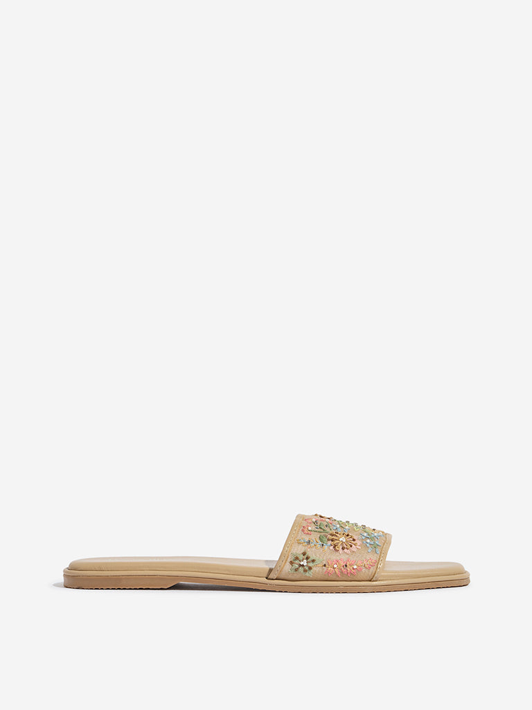 LUNA BLU Beige Floral Embellished Mesh Slides