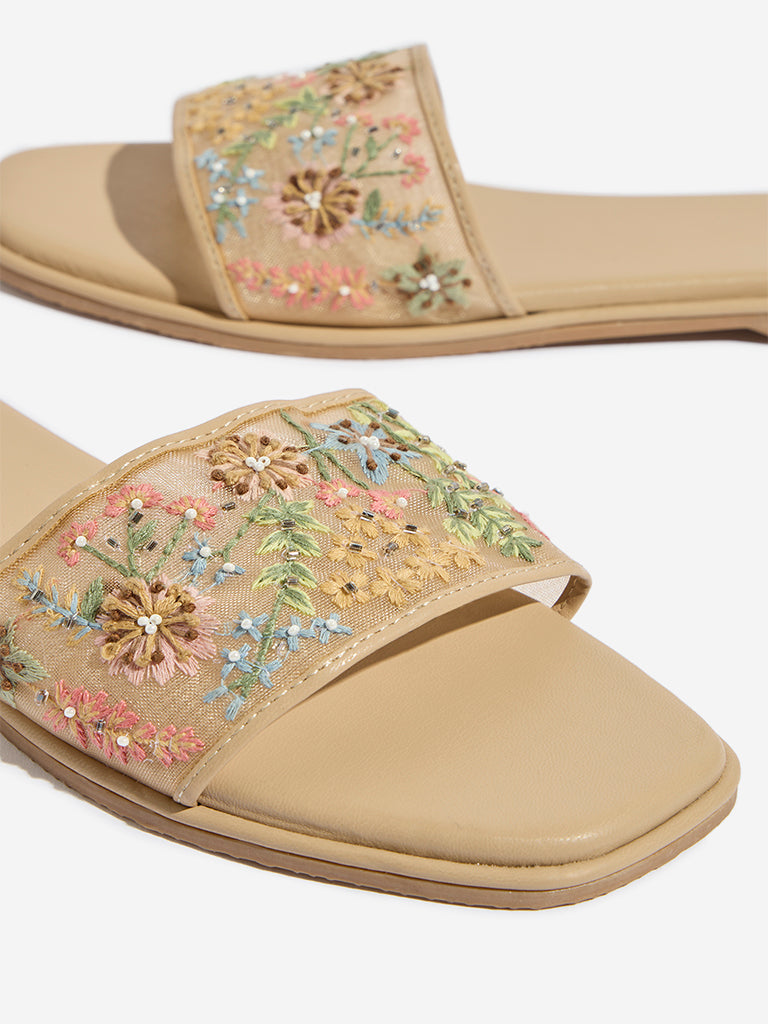 LUNA BLU Beige Floral Embellished Mesh Slides