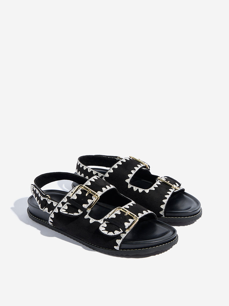 LUNA BLU Black Contrast Stitching Slip-On Sandals