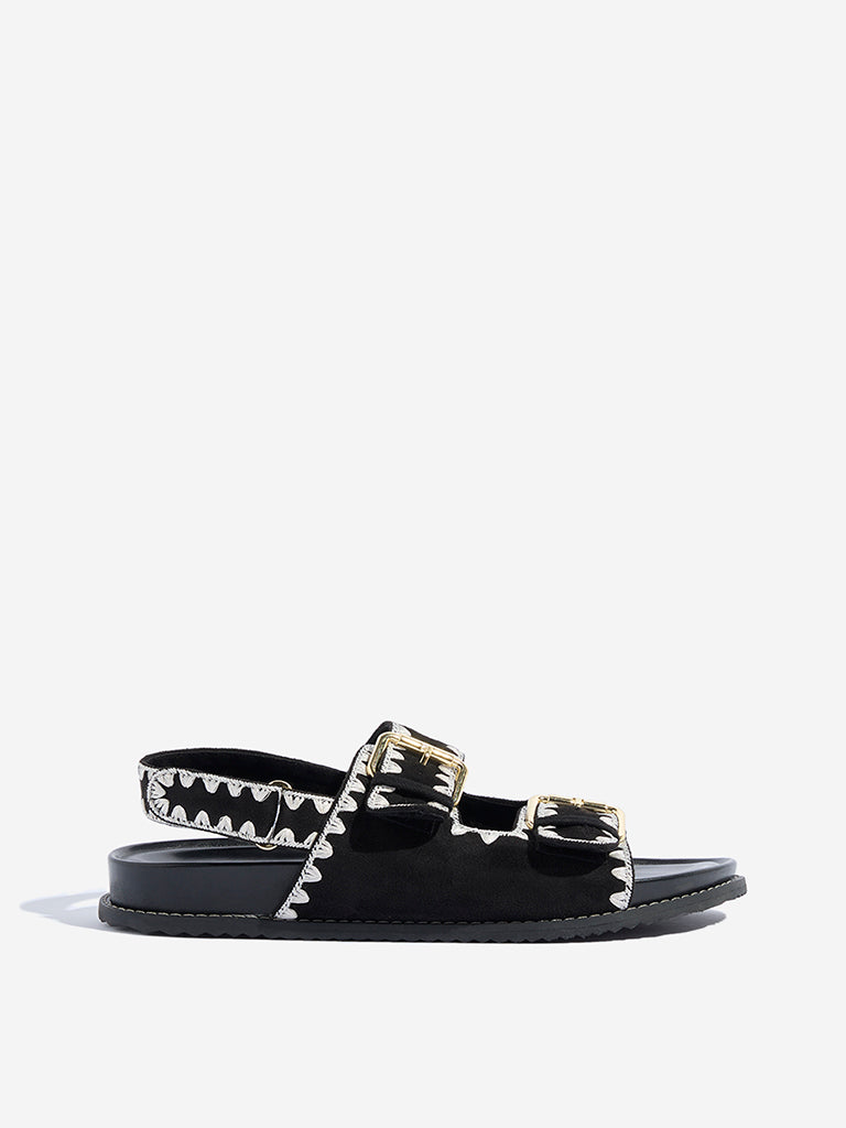 LUNA BLU Black Contrast Stitching Slip-On Sandals