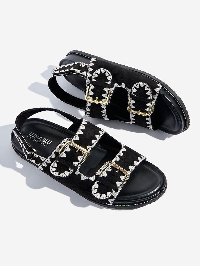 LUNA BLU Black Contrast Stitching Slip-On Sandals