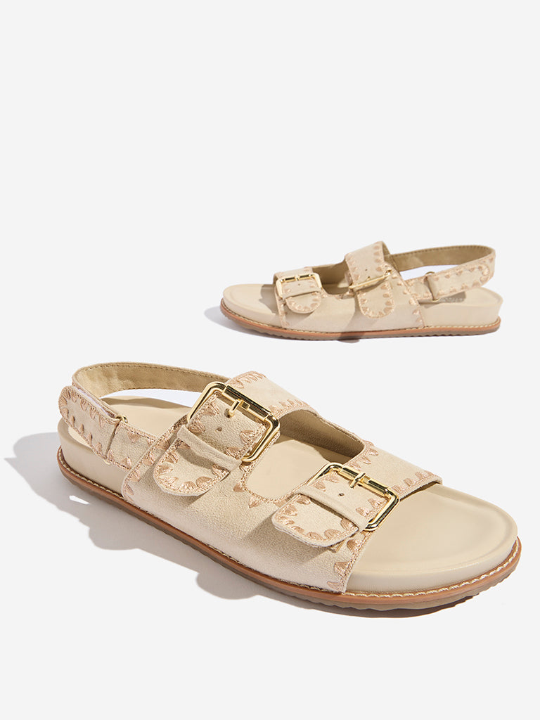 LUNA BLU Cream Embroidered Belted Sandals