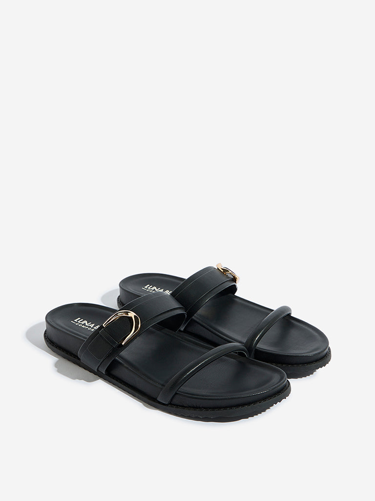 LUNA BLU Black Buckle-Detailed Comfort Slides