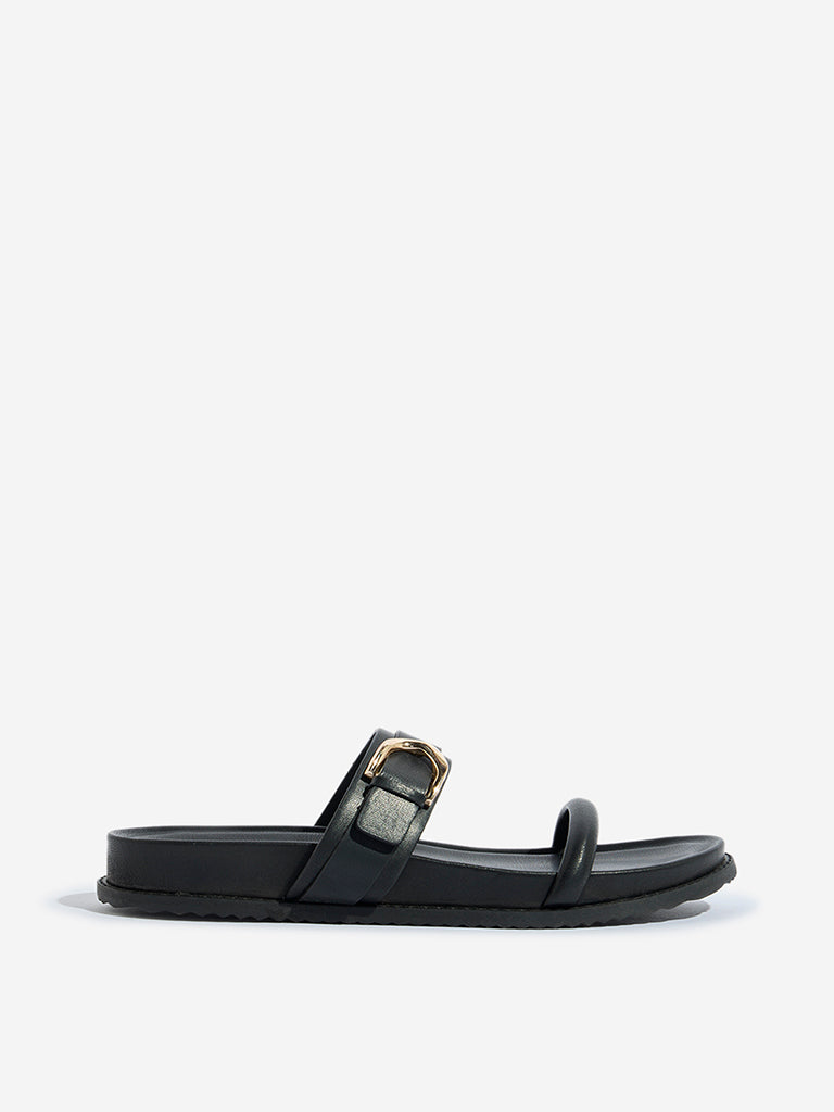 LUNA BLU Black Buckle-Detailed Comfort Slides