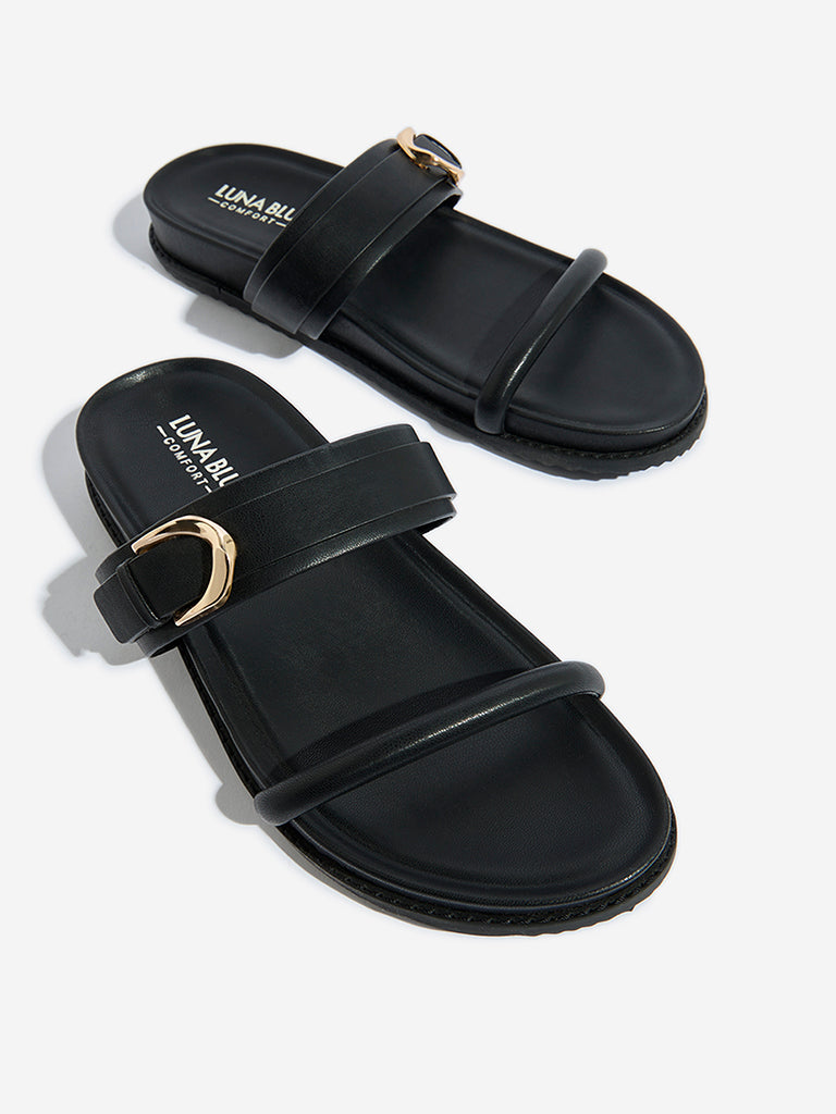 LUNA BLU Black Buckle-Detailed Comfort Slides