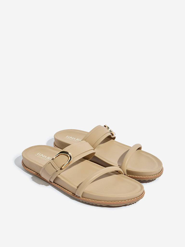 LUNA BLU Beige Buckle-Detailed Comfort Slides