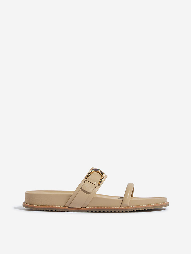 LUNA BLU Beige Buckle-Detailed Comfort Slides