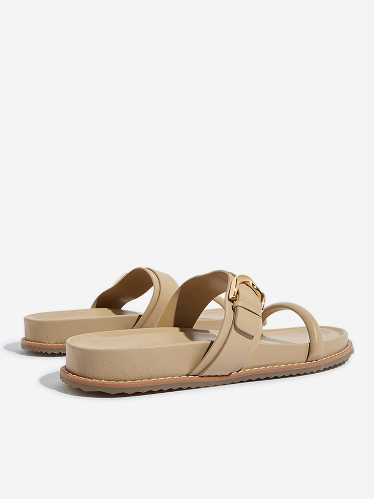 LUNA BLU Beige Buckle-Detailed Comfort Slides