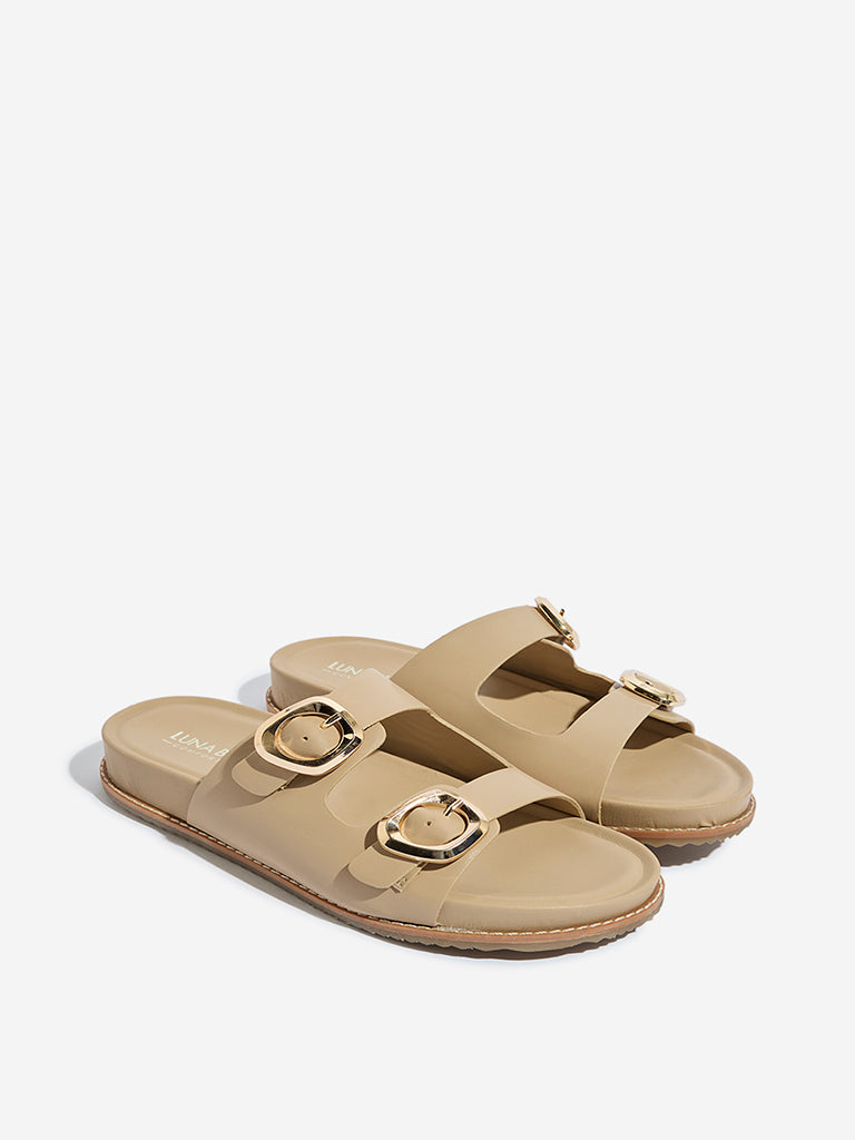 LUNA BLU Beige Dual-Strap Slip-On Comfort Sandals