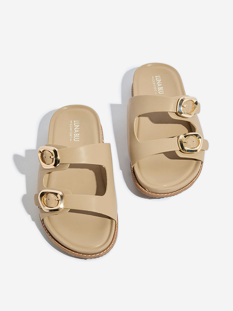 LUNA BLU Beige Dual-Strap Slip-On Comfort Sandals