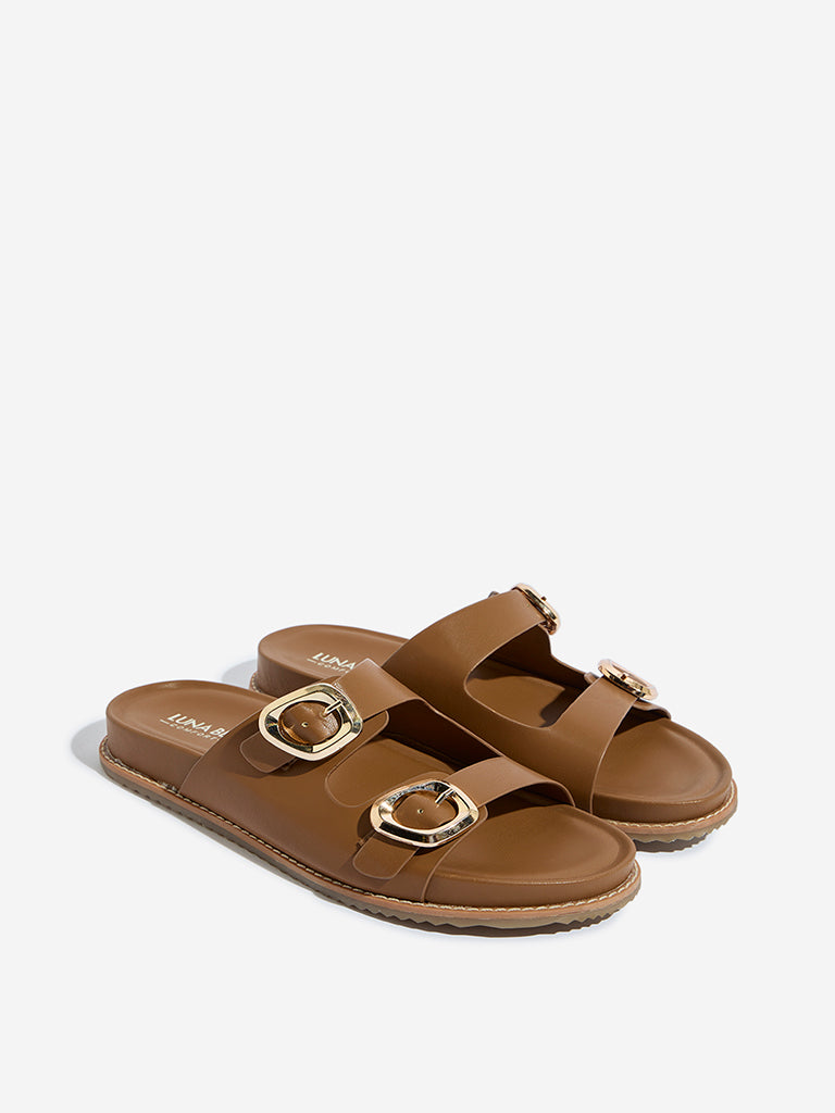 LUNA BLU Tan Dual-Strap Slip-On Comfort Sandals