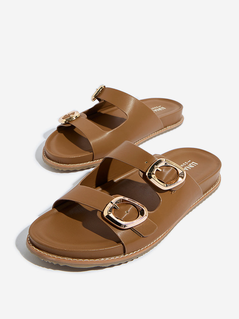 LUNA BLU Tan Dual-Strap Slip-On Comfort Sandals