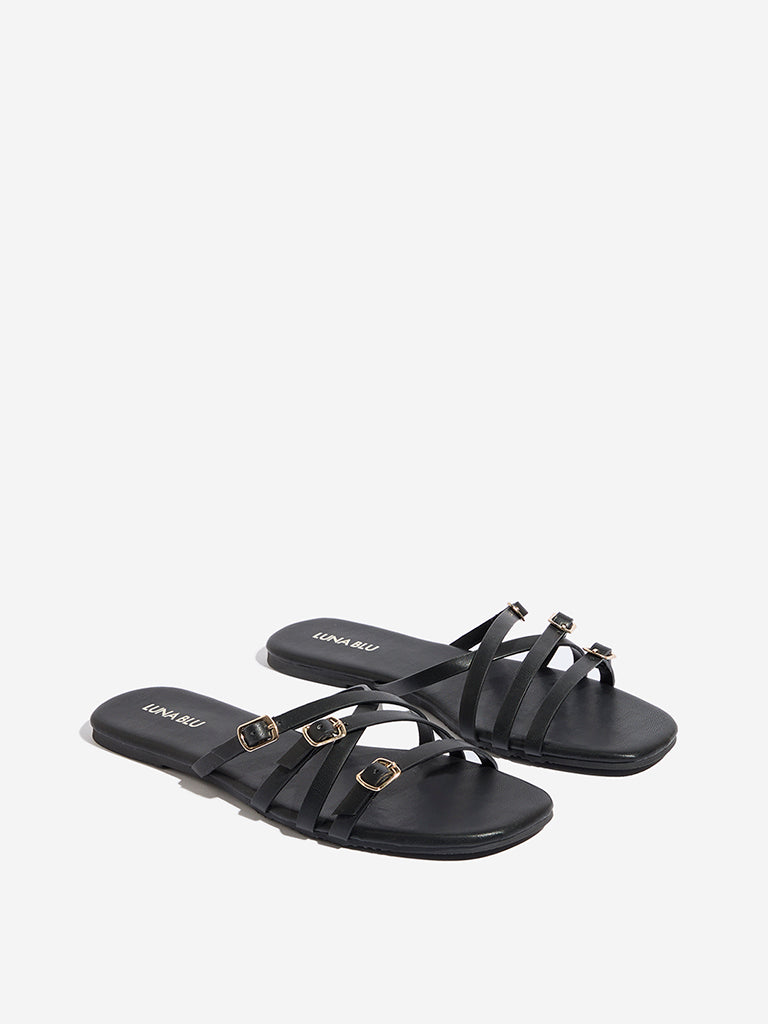 LUNA BLU Black Multi Strap Slides