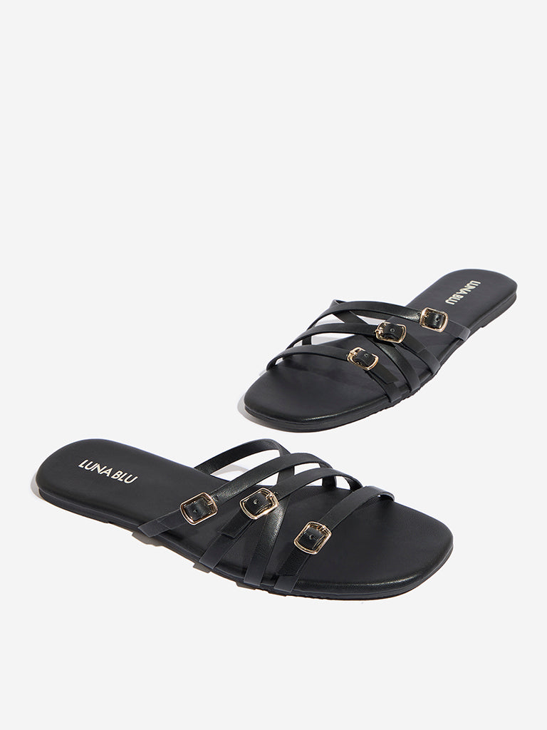 LUNA BLU Black Multi Strap Slides