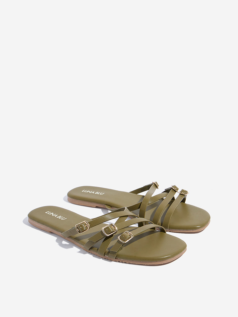 LUNA BLU Olive Multi-Strap Slip-On Sandals